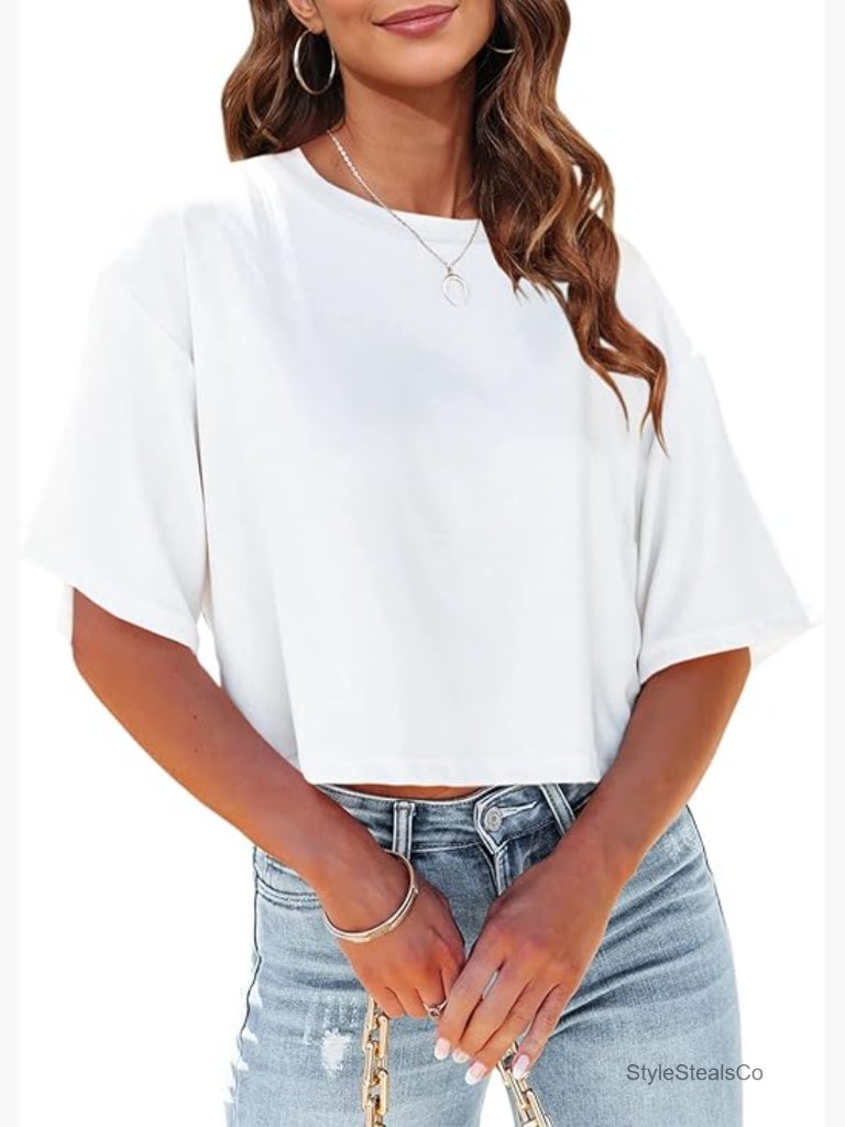 Women's Half Sleeve Cropped T-Shirt Drop Shoulder Round Neck Crop Top Basic Tee